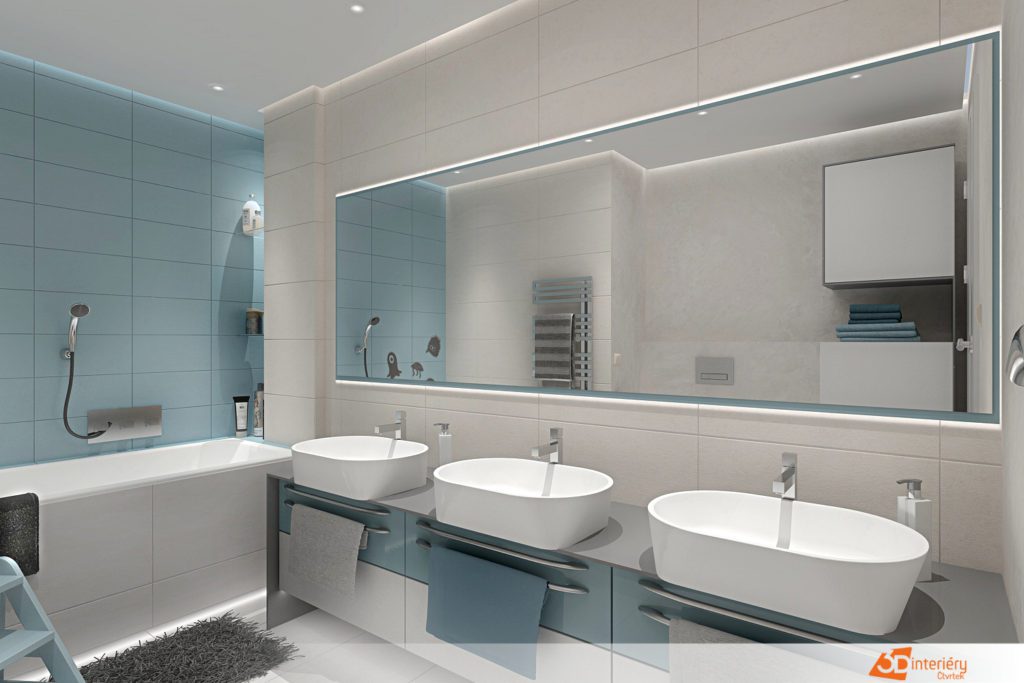 Koupelna navržená ve 3D s modrými obklady. Požadavkem byly 3 umyvadla pro tři děti.
