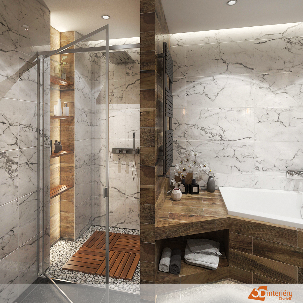 V Ostravě jsme navrhli tuto koupelnu s mramorovým obkladem doplněným o dekor dřeva.